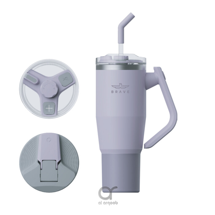 A purple-toned 40 oz Brave Tumbler Mug with a 180° rotating handle. Shown alongside two interchangeable lids—a safety lid with a flip-up closure and a G-lid designed for straw use—plus a reusable straw. The mug’s tapered shape fits standard car cup holders,