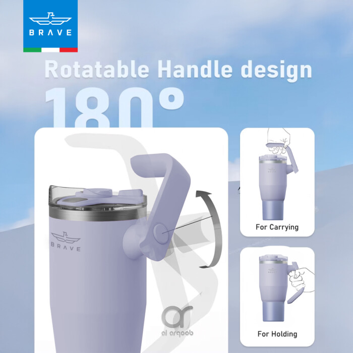 The Brave Tumbler Mug, shown in a purple tone, features a 180° rotatable handle design.  Smaller inset images demonstrate the handle’s different positions, labeled “For Carrying” and “For Holding.