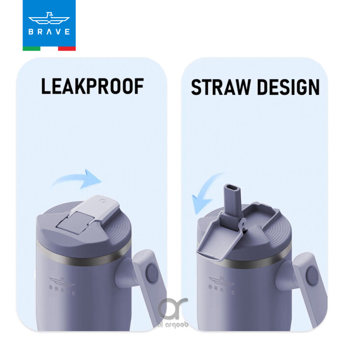 A purple-toned Brave Tumbler Mug with two lid options side by side. The left image shows the leakproof safety lid in a closed position, while the right image highlights the straw-friendly lid, open to reveal a straw port