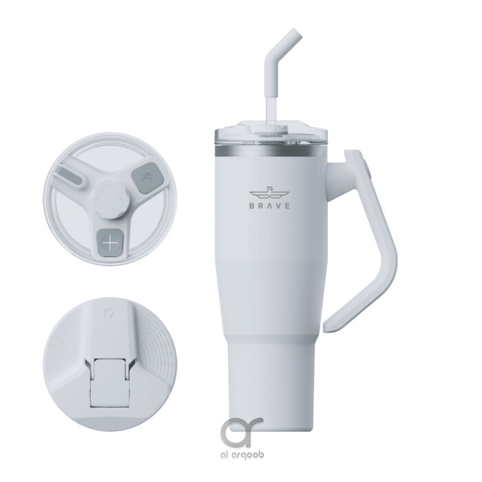 A white 40 oz Brave Tumbler Mug with a 180° rotating handle. Shown alongside two interchangeable lids—a safety lid with a flip-up closure and a G-lid designed for straw use—plus a reusable straw. The mug’s tapered shape fits standard car cup holders,