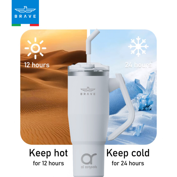 A white Brave Tumbler Mug with a 180° rotating handle and straw is centered against a split background: desert imagery on the left with “Keep hot for 12 hours” and icy imagery on the right with “Keep cold for 24 hours.