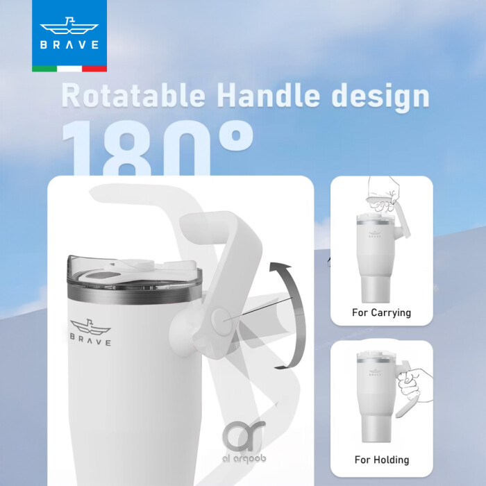 The Brave Tumbler Mug, shown in a white,  features a 180° rotatable handle design.  Smaller inset images demonstrate the handle’s different positions, labeled “For Carrying” and “For Holding.