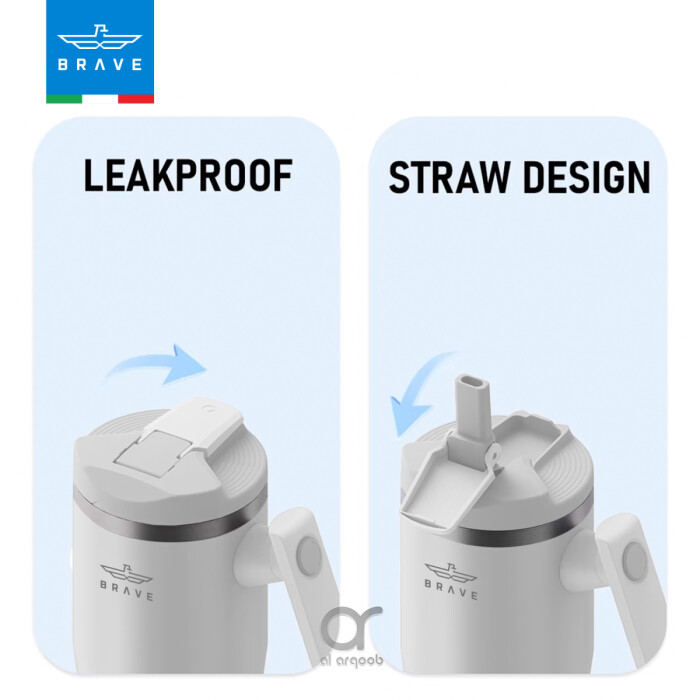 A white  Brave Tumbler Mug with two lid options side by side. The left image shows the leakproof safety lid in a closed position, while the right image highlights the straw-friendly lid, open to reveal a straw port