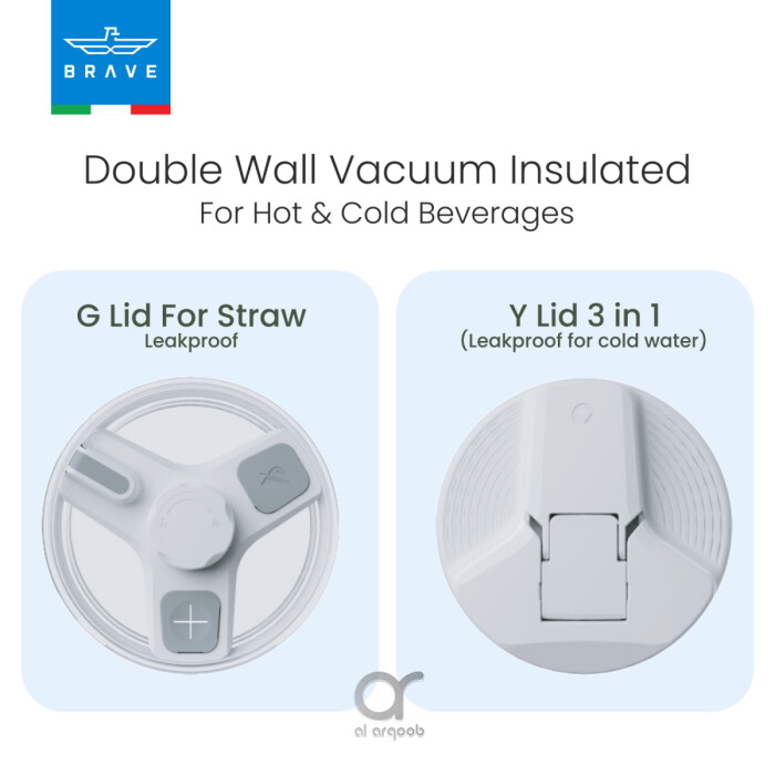 A promotional graphic showing two different lid options for the Brave Tumbler Mug. On the left, the G Lid (designed for straw use) is displayed from above, while on the right, the Y Lid 3-in-1 (leakproof for cold water) is shown in a closed position. Text above reads “Double Wall Vacuum Insulated For Hot & Cold Beverages