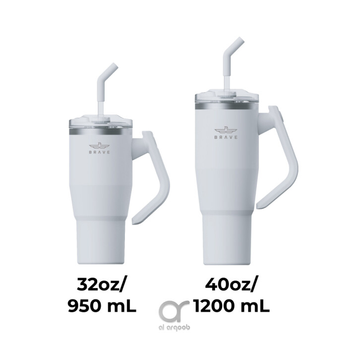 The smaller tumbler on the left is labeled 32oz/950 mL, and the larger tumbler on the right is labeled 40oz/1200 mL. Both feature a 180° rotating handle and straw lid