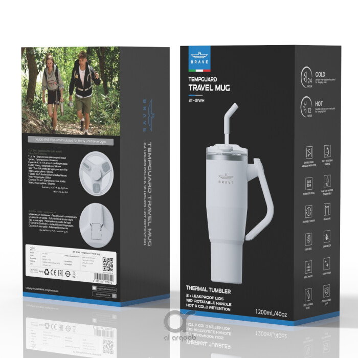 Box for the Brave TempGuard Travel Mug . The box highlights a 1200mL/40oz tumbler with a rotating handle and straw, labeled “TempGuard Travel Mug,” along with icons for 24-hour cold and 12-hour hot retention.