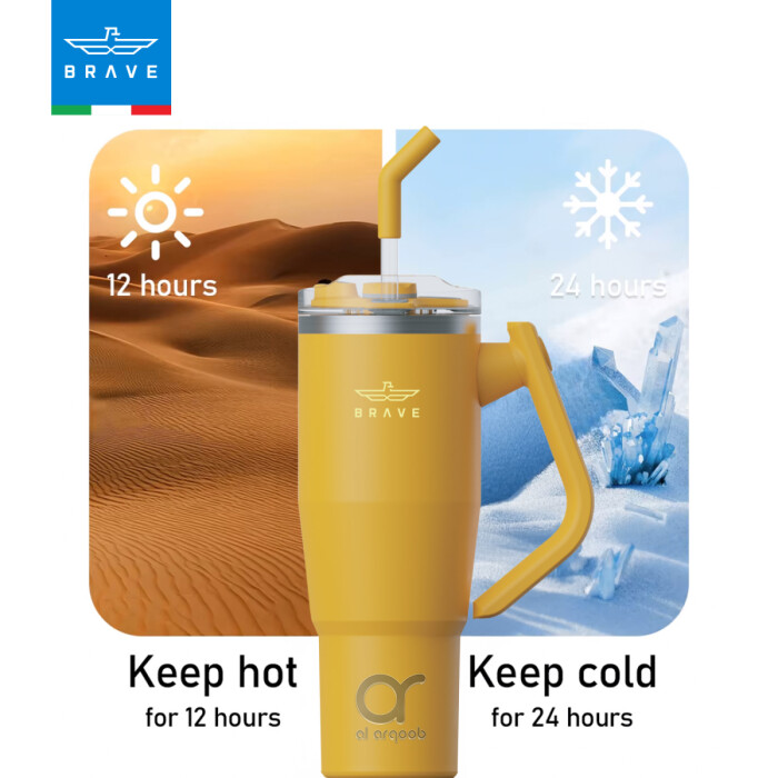 A pink-toned Brave Tumbler Mug with a 180° rotating handle and straw is centered against a split background: desert imagery on the left with “Keep hot for 12 hours” and icy imagery on the right with “Keep cold for 24 hours.