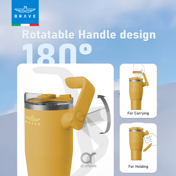 The Brave Tumbler Mug, shown in a pink tone, features a 180° rotatable handle design.  Smaller inset images demonstrate the handle’s different positions, labeled “For Carrying” and “For Holding.