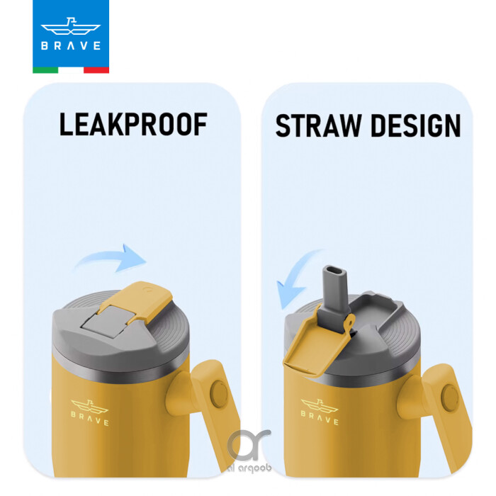 A neutral-pink Brave Tumbler Mug with two lid options side by side. The left image shows the leakproof safety lid in a closed position, while the right image highlights the straw-friendly lid, open to reveal a straw port