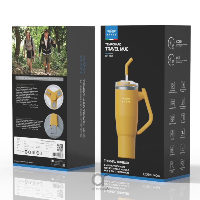 Box for the Brave TempGuard Travel Mug . The box highlights a 1200mL/40oz tumbler with a rotating handle and straw, labeled “TempGuard Travel Mug,” along with icons for 24-hour cold and 12-hour hot retention. 