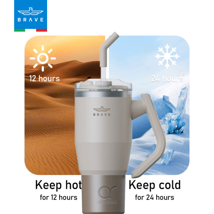 A neutral-toned Brave Tumbler Mug with a 180° rotating handle and straw is centered against a split background: desert imagery on the left with “Keep hot for 12 hours” and icy imagery on the right with “Keep cold for 24 hours.