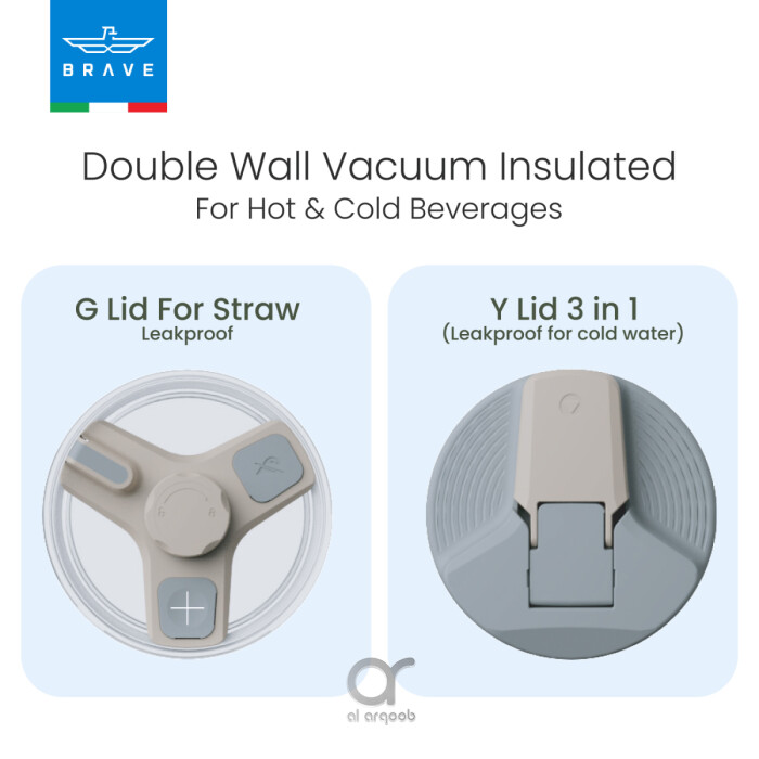 A promotional graphic showing two different lid options for the Brave Tumbler Mug. On the left, the G Lid (designed for straw use) is displayed from above, while on the right, the Y Lid 3-in-1 (leakproof for cold water) is shown in a closed position. Text above reads “Double Wall Vacuum Insulated For Hot & Cold Beverages