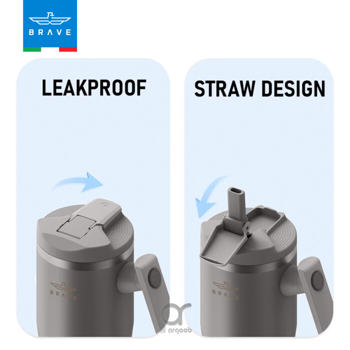 A neutral-toned Brave Tumbler Mug with two lid options side by side. The left image shows the leakproof safety lid in a closed position, while the right image highlights the straw-friendly lid, open to reveal a straw port