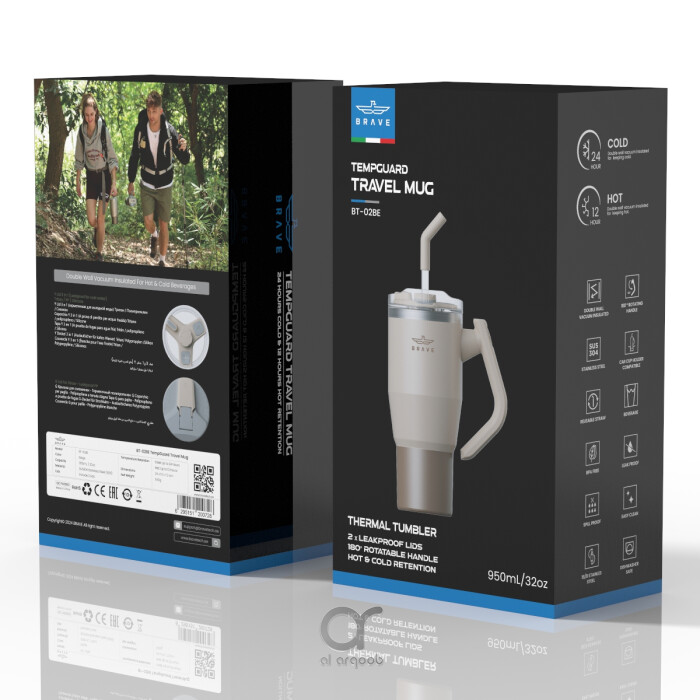 Box for the Brave TempGuard Travel Mug . The box highlights a 1200mL/40oz tumbler with a rotating handle and straw, labeled “TempGuard Travel Mug,” along with icons for 24-hour cold and 12-hour hot retention. 