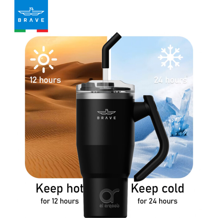 A black Brave Tumbler Mug with a 180° rotating handle and straw is centered against a split background: desert imagery on the left with “Keep hot for 12 hours” and icy imagery on the right with “Keep cold for 24 hours.