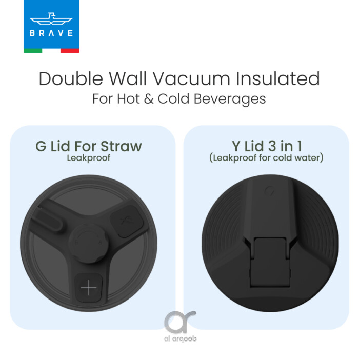 A promotional graphic showing two different lid options for the Brave Tumbler Mug. On the left, the G Lid (designed for straw use) is displayed from above, while on the right, the Y Lid 3-in-1 (leakproof for cold water) is shown in a closed position. Text above reads “Double Wall Vacuum Insulated For Hot & Cold Beverages