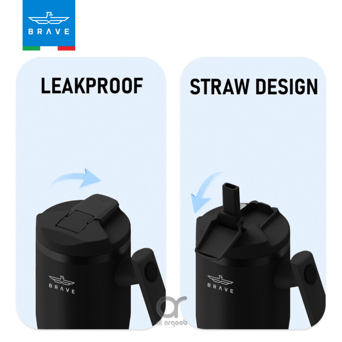 A black Brave Tumbler Mug with two lid options side by side. The left image shows the leakproof safety lid in a closed position, while the right image highlights the straw-friendly lid, open to reveal a straw port