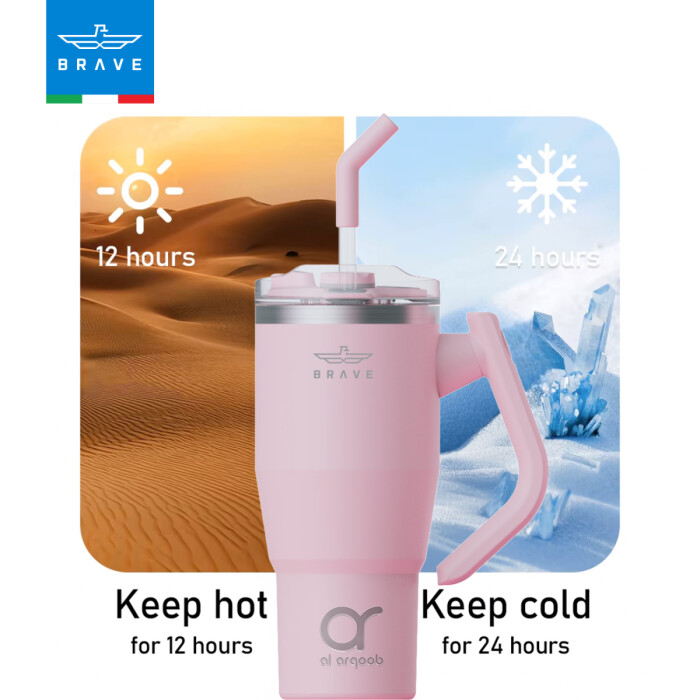 A pink-toned Brave Tumbler Mug with a 180° rotating handle and straw is centered against a split background: desert imagery on the left with “Keep hot for 12 hours” and icy imagery on the right with “Keep cold for 24 hours.