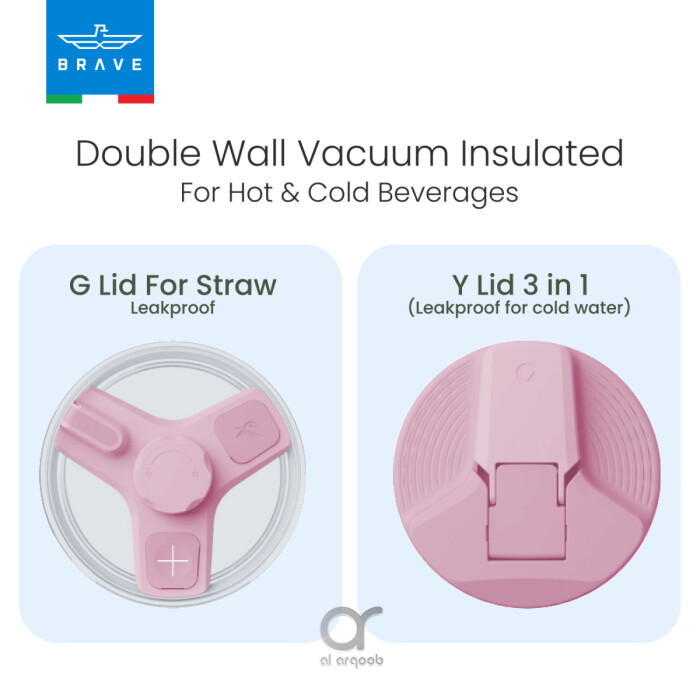 A promotional graphic showing two different lid options for the Brave Tumbler Mug. On the left, the G Lid (designed for straw use) is displayed from above, while on the right, the Y Lid 3-in-1 (leakproof for cold water) is shown in a closed position. Text above reads “Double Wall Vacuum Insulated For Hot & Cold Beverages