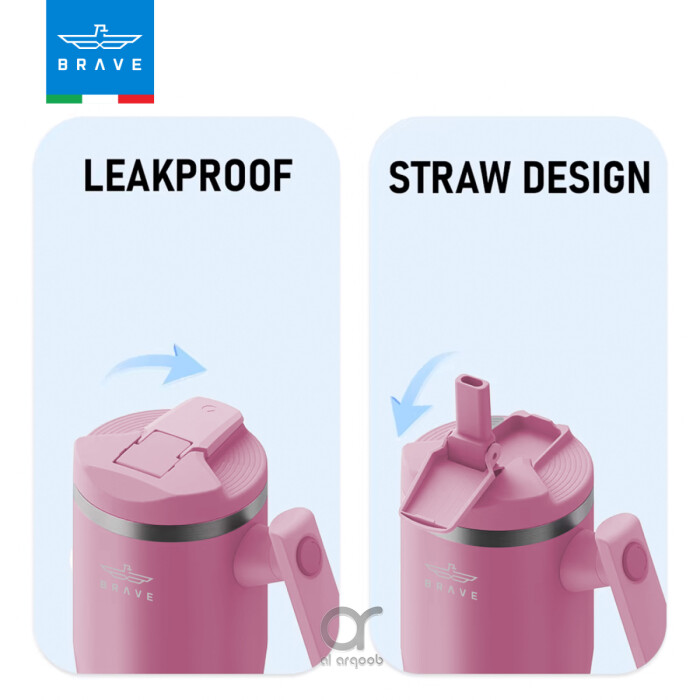 A neutral-pink Brave Tumbler Mug with two lid options side by side. The left image shows the leakproof safety lid in a closed position, while the right image highlights the straw-friendly lid, open to reveal a straw port