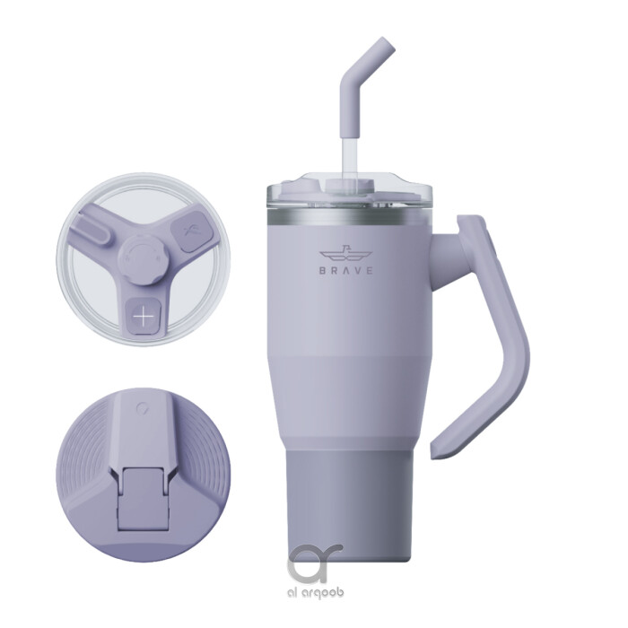 A purple-toned 40 oz Brave Tumbler Mug with a 180° rotating handle. Shown alongside two interchangeable lids—a safety lid with a flip-up closure and a G-lid designed for straw use—plus a reusable straw. The mug’s tapered shape fits standard car cup holders,