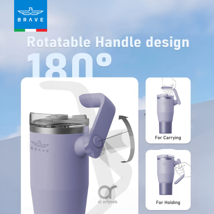 The Brave Tumbler Mug, shown in a purple tone, features a 180° rotatable handle design.  Smaller inset images demonstrate the handle’s different positions, labeled “For Carrying” and “For Holding.