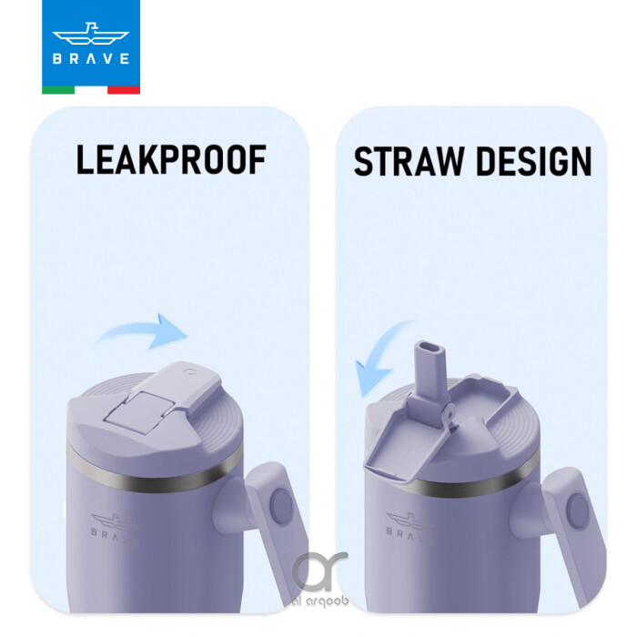 A purple-toned Brave Tumbler Mug with two lid options side by side. The left image shows the leakproof safety lid in a closed position, while the right image highlights the straw-friendly lid, open to reveal a straw port