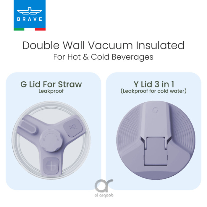 A promotional graphic showing two different lid options for the Brave Tumbler Mug. On the left, the G Lid (designed for straw use) is displayed from above, while on the right, the Y Lid 3-in-1 (leakproof for cold water) is shown in a closed position. Text above reads “Double Wall Vacuum Insulated For Hot & Cold Beverages