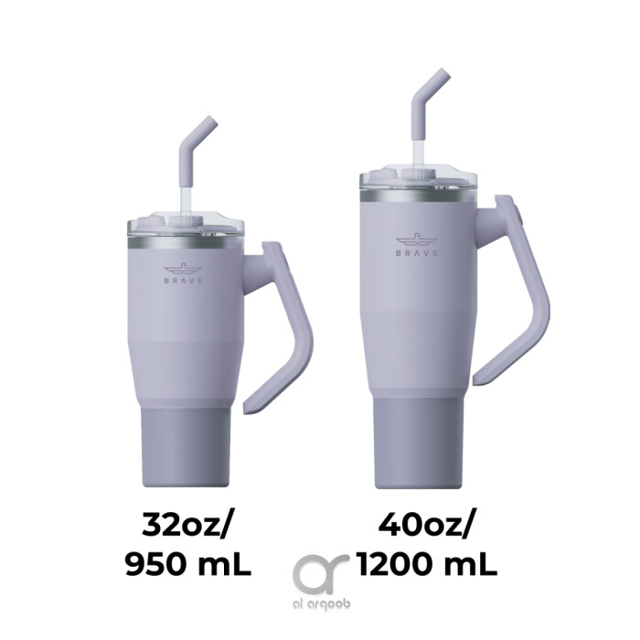 The smaller tumbler on the left is labeled 32oz/950 mL, and the larger tumbler on the right is labeled 40oz/1200 mL. Both feature a 180° rotating handle and straw lid