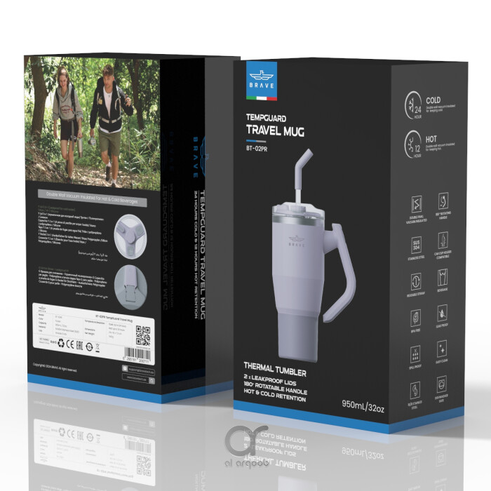 Box for the Brave TempGuard Travel Mug . The box highlights a 1200mL/40oz tumbler with a rotating handle and straw, labeled “TempGuard Travel Mug,” along with icons for 24-hour cold and 12-hour hot retention. 