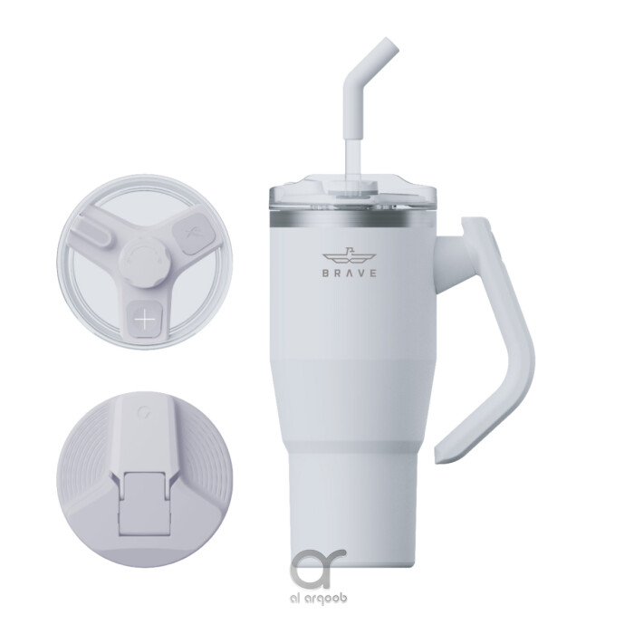 A white 40 oz Brave Tumbler Mug with a 180° rotating handle. Shown alongside two interchangeable lids—a safety lid with a flip-up closure and a G-lid designed for straw use—plus a reusable straw. The mug’s tapered shape fits standard car cup holders,