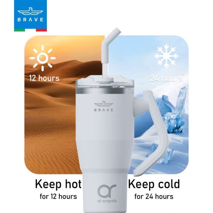 A white Brave Tumbler Mug with a 180° rotating handle and straw is centered against a split background: desert imagery on the left with “Keep hot for 12 hours” and icy imagery on the right with “Keep cold for 24 hours.