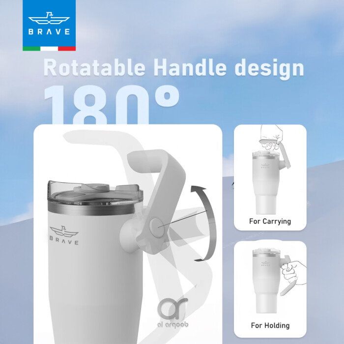 The Brave Tumbler Mug, shown in a white,  features a 180° rotatable handle design.  Smaller inset images demonstrate the handle’s different positions, labeled “For Carrying” and “For Holding.