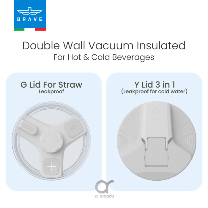 A promotional graphic showing two different lid options for the Brave Tumbler Mug. On the left, the G Lid (designed for straw use) is displayed from above, while on the right, the Y Lid 3-in-1 (leakproof for cold water) is shown in a closed position. Text above reads “Double Wall Vacuum Insulated For Hot & Cold Beverages