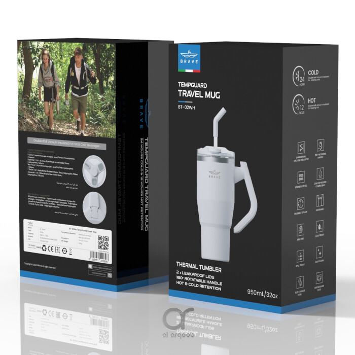 Box for the Brave TempGuard Travel Mug . The box highlights a 1200mL/40oz tumbler with a rotating handle and straw, labeled “TempGuard Travel Mug,” along with icons for 24-hour cold and 12-hour hot retention.