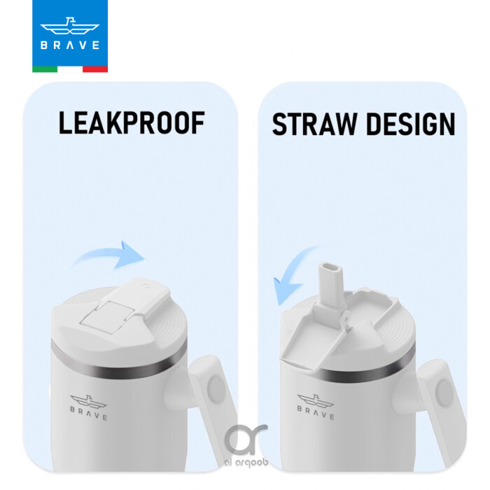 A white  Brave Tumbler Mug with two lid options side by side. The left image shows the leakproof safety lid in a closed position, while the right image highlights the straw-friendly lid, open to reveal a straw port