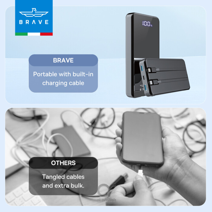 باور بانك BRAVE بسعة 12000 ملّي أمبير مع شحن سريع 22.5 واط، كابلات USB