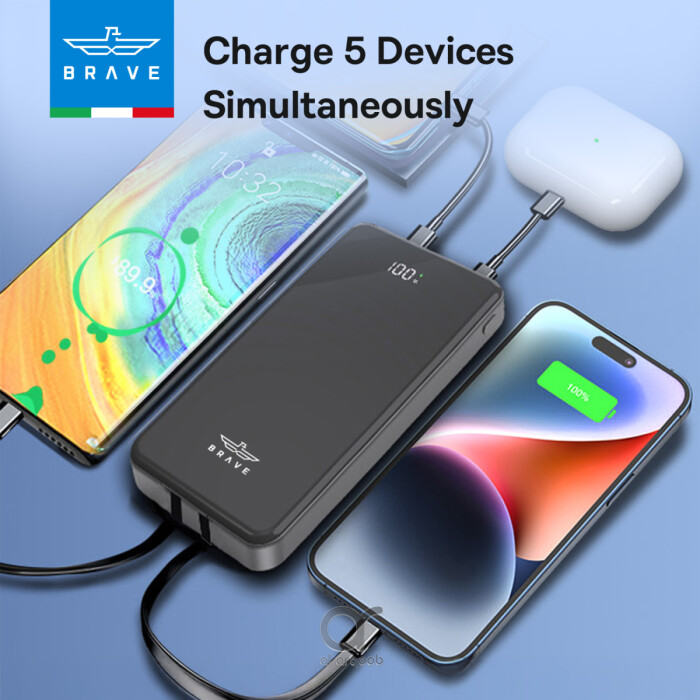 باور بانك BRAVE بسعة 12000 ملّي أمبير مع شحن سريع 22.5 واط، كابلات USB