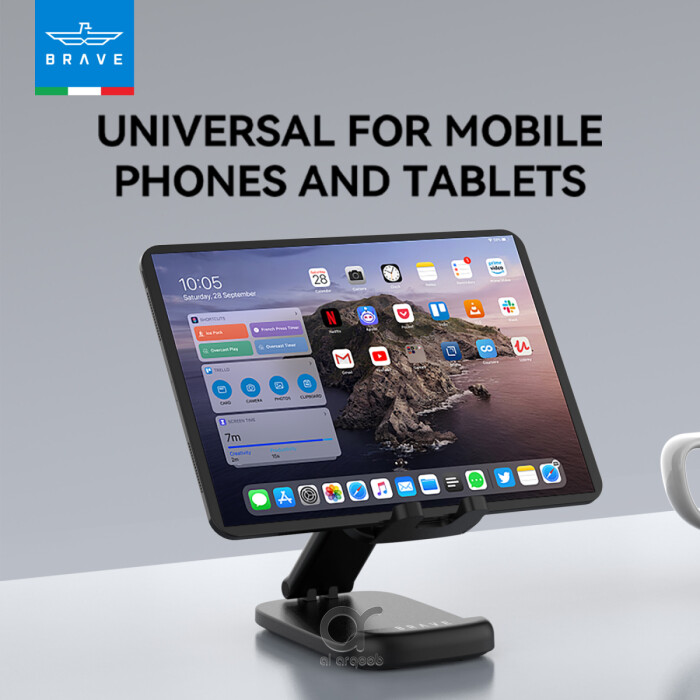حامل BRAVE القابل للطي 2 في 1 للهاتف والتابلت – بحجم الجيب، قاعدة معدنية، متوافق مع iPhone وSamsung وiPad Mini وPixel – أسود