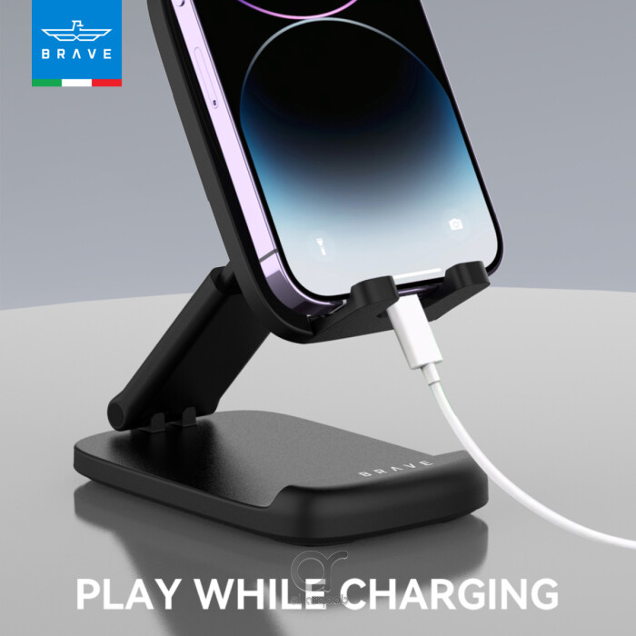 حامل BRAVE القابل للطي 2 في 1 للهاتف والتابلت – بحجم الجيب، قاعدة معدنية، متوافق مع iPhone وSamsung وiPad Mini وPixel – أسود