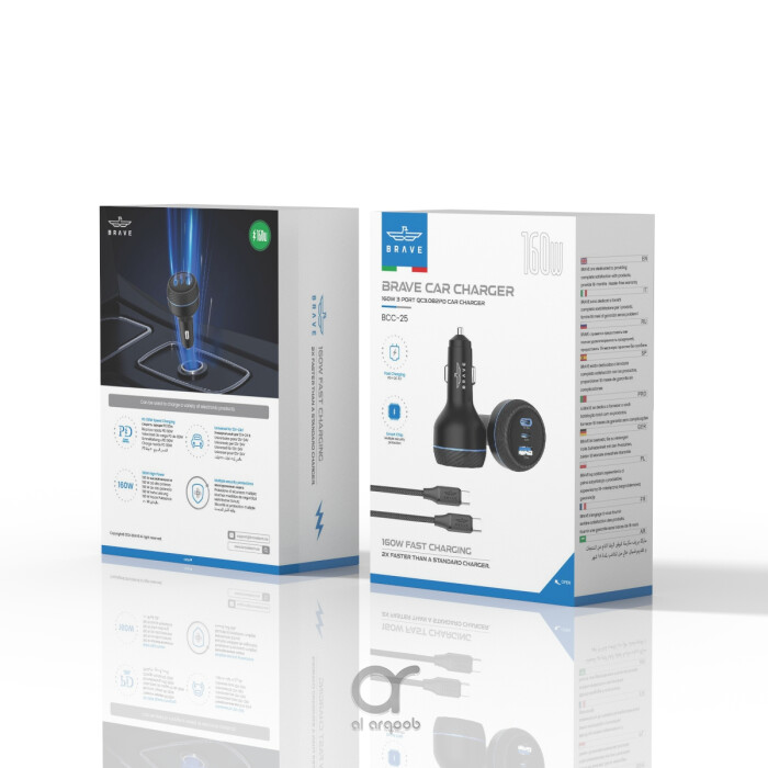 شاحن سيارة BRAVE بقوة 160 واط، 3 منافذ USB