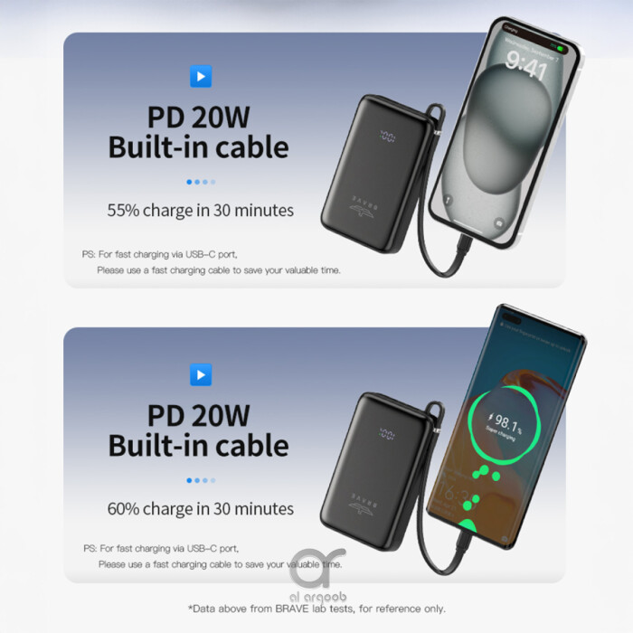 باور بانك لاسلكي مغناطيسي BRAVE Magpow بسعة 10000 مللي أمبير مع شحن سريع 15 واط MagSafe و20 واط PD وكابل USB