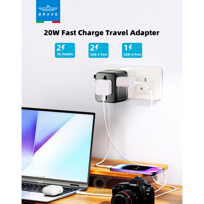 شاحن السفر العالمي BRAVE GaN III بقوة 20 واط مع 2 منفذ USB
