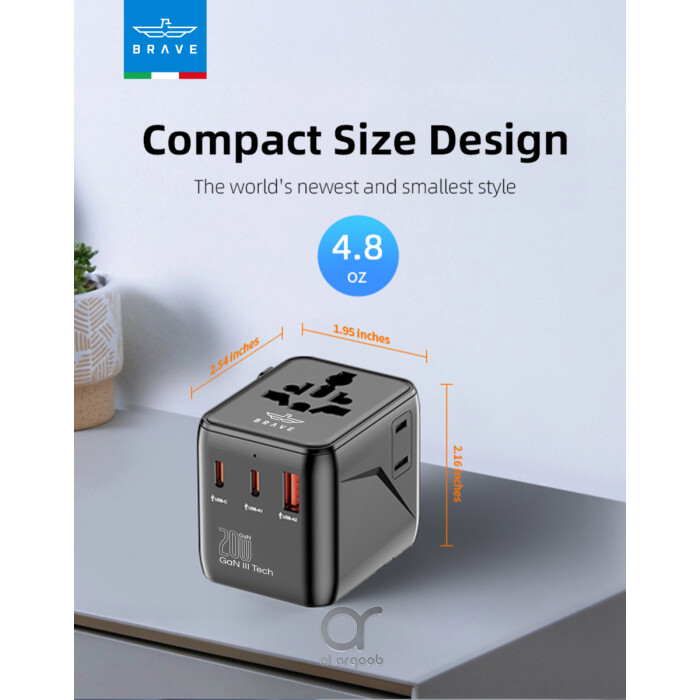 شاحن السفر العالمي BRAVE GaN III بقوة 20 واط مع 2 منفذ USB