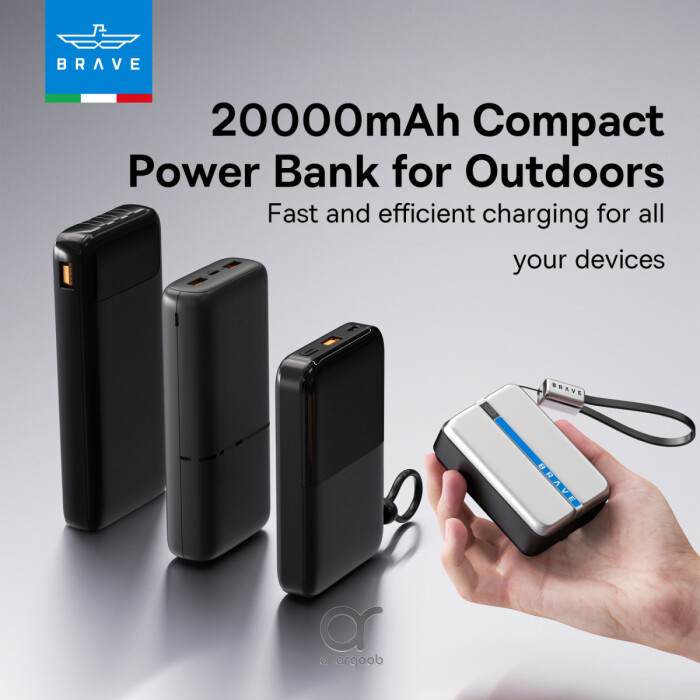 باور بانك BRAVE Thunder Charge سعة 20000mAh بقدرة 65W مع شاشة LED وكابل Type