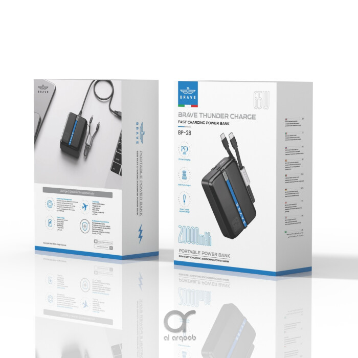 باور بانك BRAVE Thunder Charge سعة 20000mAh بقدرة 65W مع شاشة LED وكابل Type