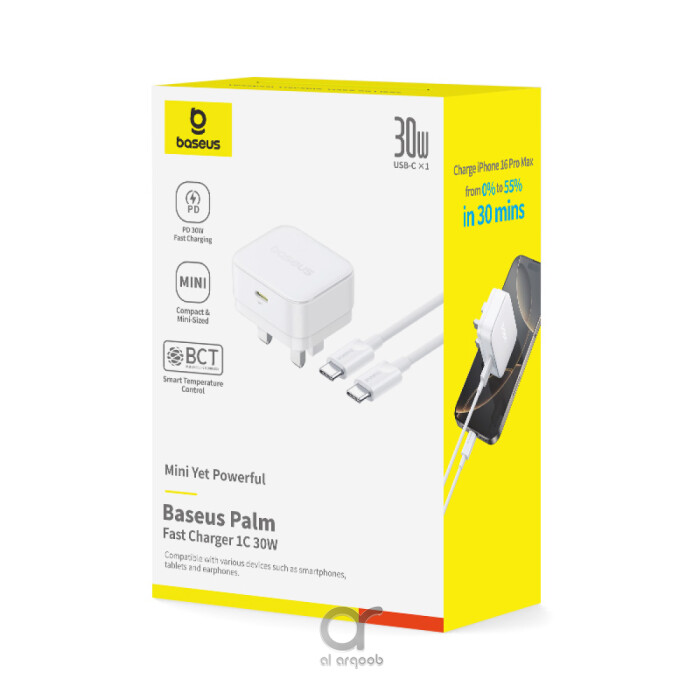شاحن Baseus Palm سريع 30 واط مع شحن PD، قابس المملكة المتحدة + كابل تايب
