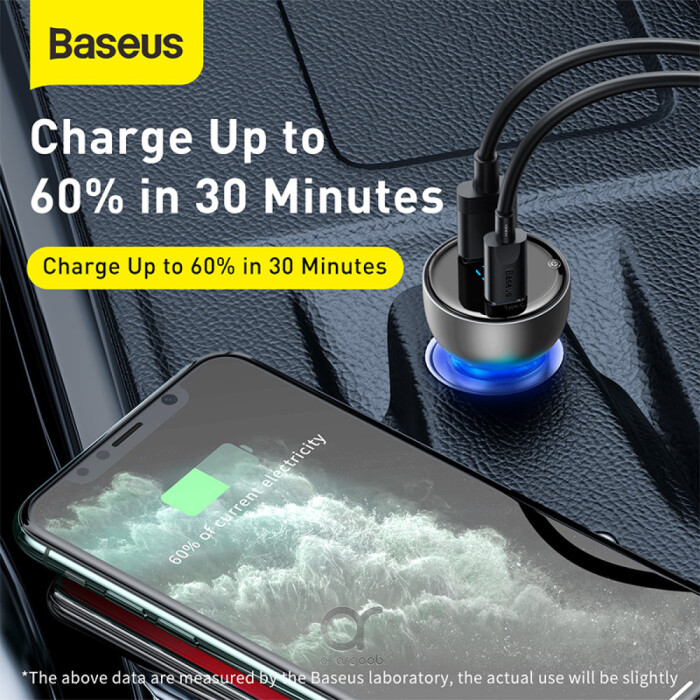 Baseus car charger USB / USB Type C 65 W 5 A SCP Quick Charge 4.0+ Power Delivery 3.0 LCD display