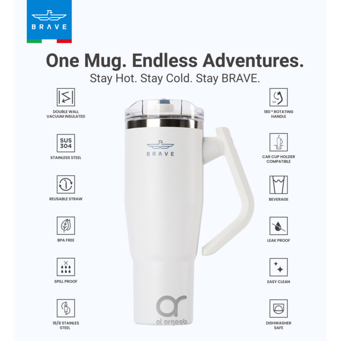 Brave Temp Guard Vacuum Insulated Travel Mug – 180° Rotating Handle, 24H Cold &amp; 12H Hot Retention, Leak