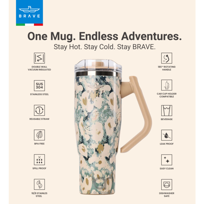 Brave Temp Guard Vacuum Insulated Travel Mug – 180° Rotating Handle, 24H Cold &amp; 12H Hot Retention, Leak